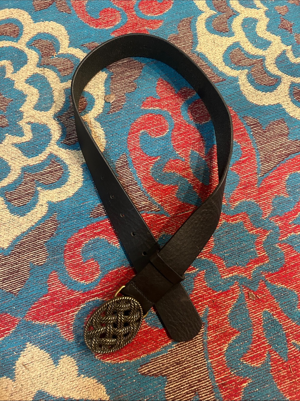 Talbots Black Leather Belt with Braided Gold-Tone Buckle XS